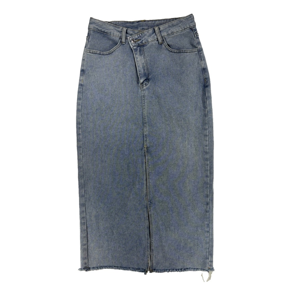 Women's Small Y2K 90's Maxi Denim Skirt Front Slit Urban Streetwear Jean Raw Hem